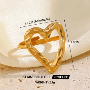 Anillo de Corazón Abierto en Acero Inoxidable 304 con Chapado de Oro 18K