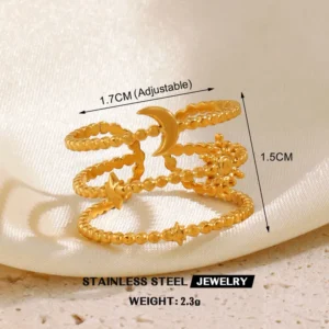 Anillo de Luna y Estrella en Acero Inoxidable 304 con Chapado de Oro 18K