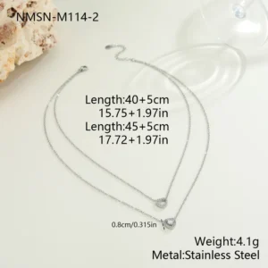 Collar Doble de Corazón en Acero Inoxidable 304 con Zirconia, Tono Plata